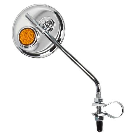 Handlebar Mirror with Reflector, featuring a clamp-on design and a yellow reflector on the backside, ideal for enhancing visibility on mobility scooters, recreational scooters, and mini bikes.