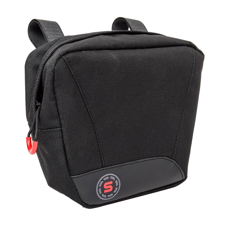 Handlebar Mount Bag by Sunlite, designed for bikes and scooters, featuring a black bag with a red handle, ideal for carrying essentials during rides.