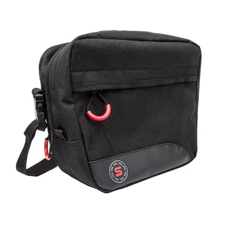 Handlebar Mount Bag by Sunlite, featuring a compact black design with a prominent red hook, ideal for attaching to bikes or scooters for convenient storage.