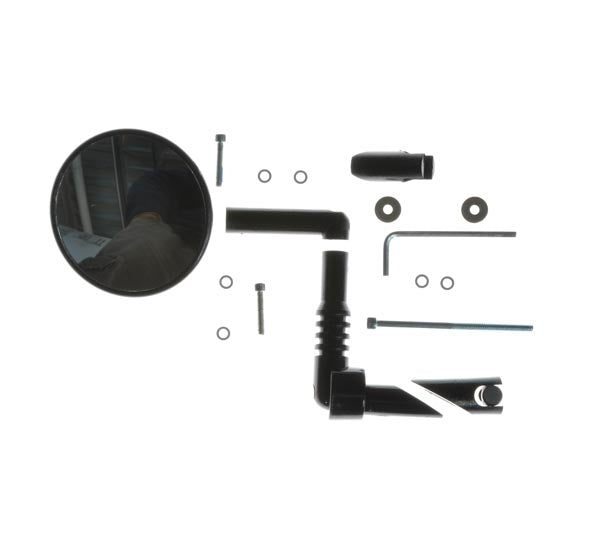 Handlebar Mounted Mirror Assembly shown with mirror, screws, black pipe, and hex wrench included in the kit.