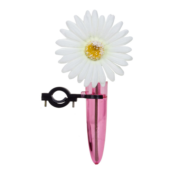 Handlebar Vase for Bikes, featuring a faux white flower in a pink tube, designed to fit any 7/8 handlebar and includes an internal centering clip.