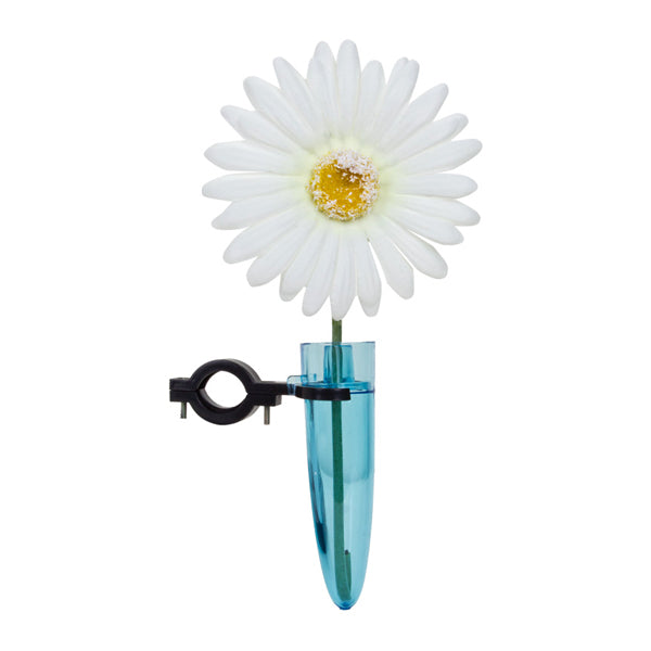 Handlebar Vase for Mobility Scooters featuring a faux white daisy in a blue tube, designed to attach to 7/8 handlebars, adding a cheerful and personal touch to your ride.