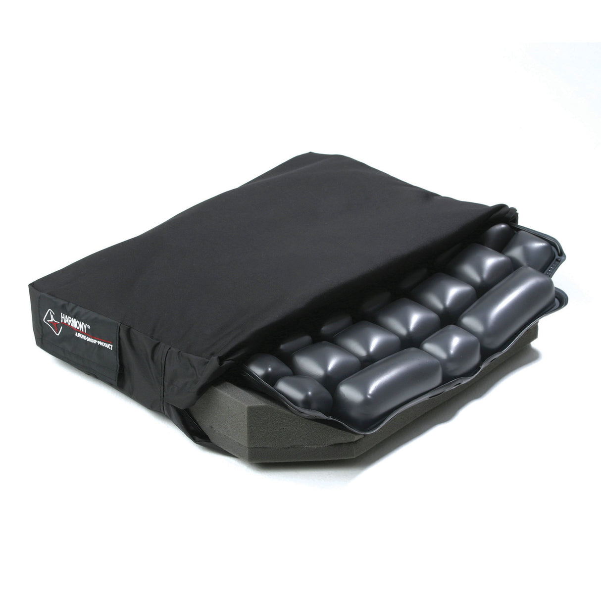 ROHO HARMONY® Cushion for Mobility Scooters, Power Chairs, & Wheelchairs showing a black cushion with an air flotation insert on a pre-contoured foam base, encased in a fluid-resistant cover.