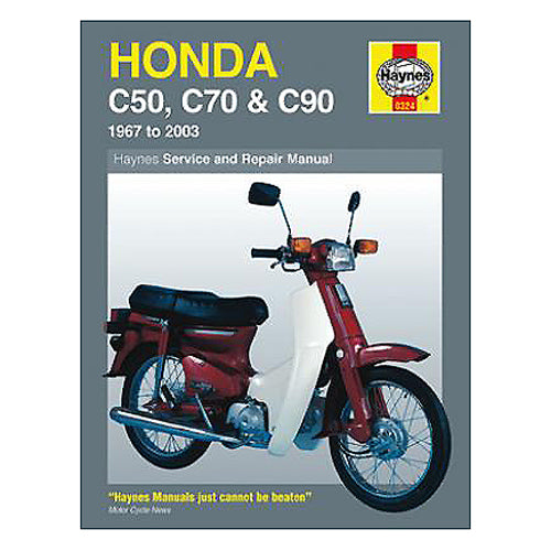 Haynes Repair Manual for Honda Cub C50, Cub C90, and Passport C70 1967-2003, featuring a cover image with a red and white moped and close-up of a motorcycle wheel.