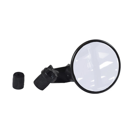 Heavy Duty Bar End Mirror featuring a magnifying glass with a black cap and a robust design, ideal for scooters and bikes.