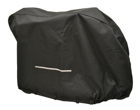 Small Heavy Duty Weatherproof Cover for Mobility Scooters, made of durable black polyester with a reflective strip, elastic edges, and a secure webbing belt, displayed on a white background.