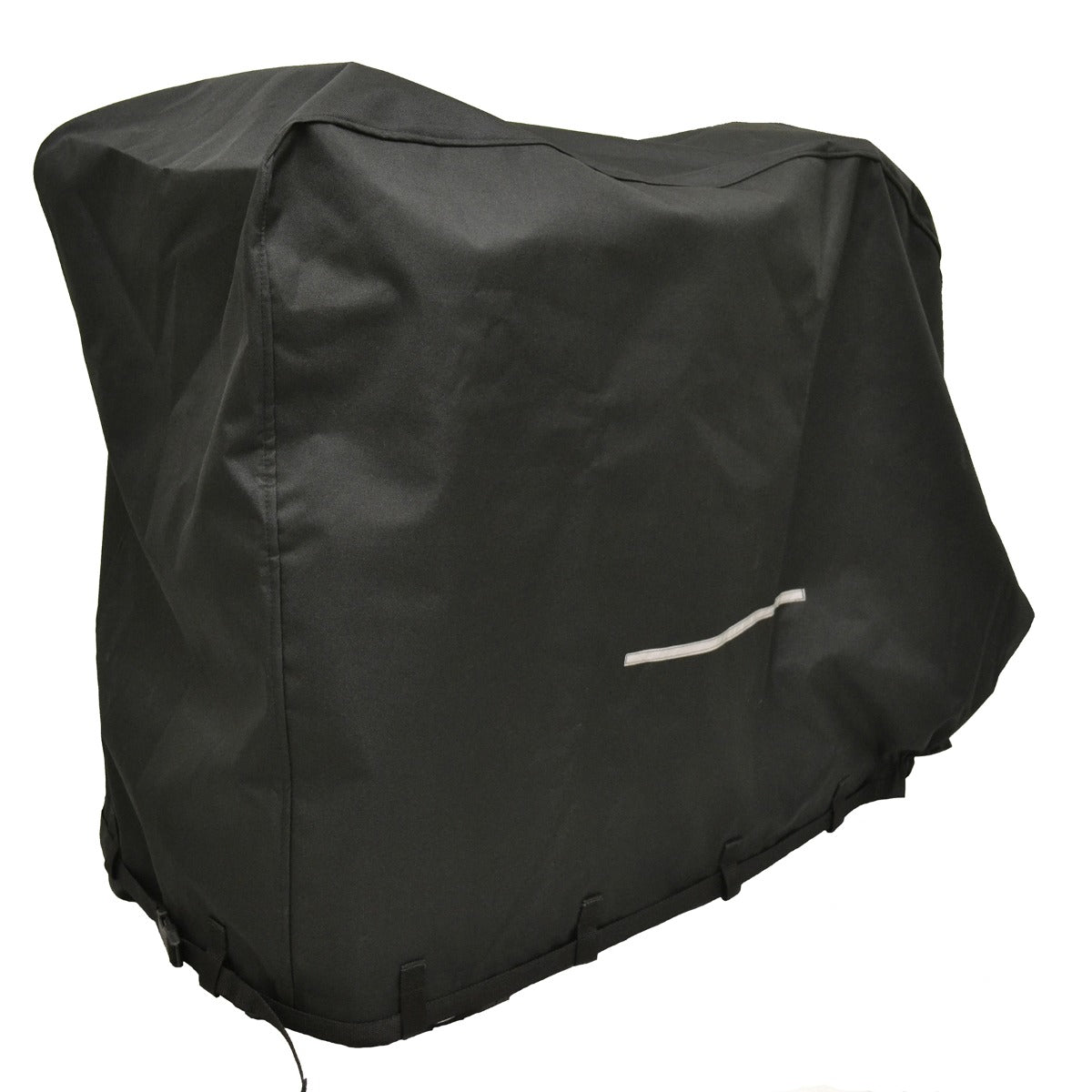 Small Heavy Duty Weatherproof Cover for Mobility Scooters, black with a reflective strip, designed for protection and secure fit, featuring 1” webbing belt, buckle, and reinforced loops for extra security.