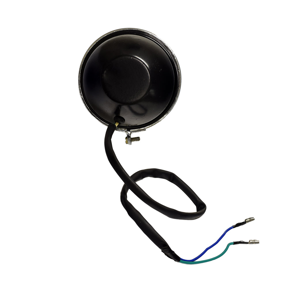 Headlight Assembly with 2 Wires for the Baja WD90U 90cc ATV, black round object with two attached wires, designed as a replacement part for damaged headlights on the ATV model.