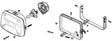 Headlight Assembly for Honda Elite 250 (1985-1988 Models) (OEM) depicted in a detailed black and white drawing, highlighting the device's rectangular shape and specific headlight design elements.