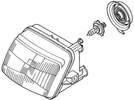 Headlight Assembly for Honda Elite 250 (1989 Models) (OEM) depicted as a detailed black and white sketch, showcasing the design and structure of the headlight component accurately for visual reference.