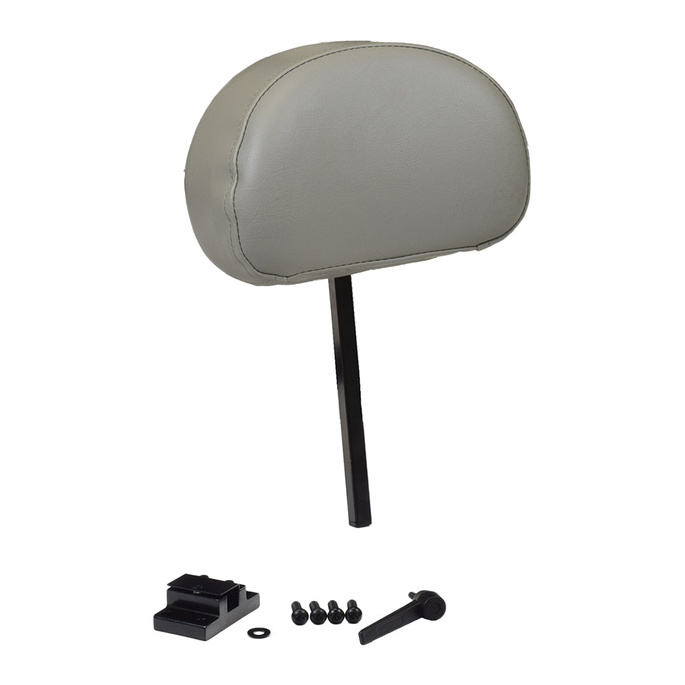 Gray Headrest Assembly with Mounting Bracket for Jazzy Power Chairs, featuring a black metal pole, screws, and close-up details of the mounting bracket and screws against a white background.