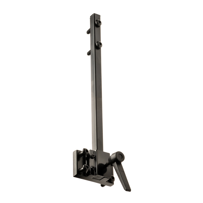 Headrest Mounting Bracket Assembly for the Jazzy Select and Select GT featuring a black metal object with a lever, vertical adjustment bracket, mounting clamp bracket, six screws, and a washer.