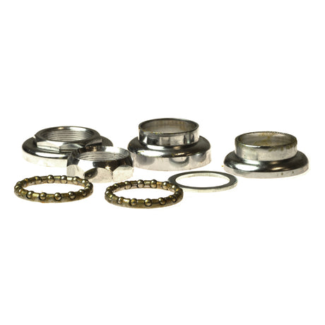 Headset Bearings for the Razor Trikke E2, showcasing a collection of metal components including rings, bowls, and containers essential for the upper and lower bearing setup of the electric scooter.