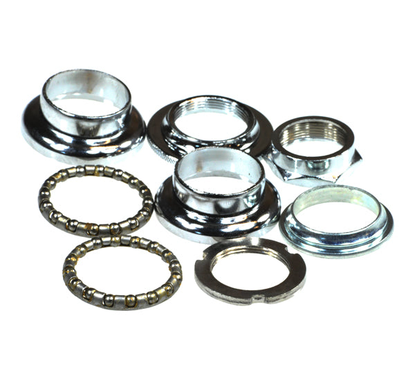 Headset Steering Bearing Kit for Bladez & Tanaka Gas Powerkarts, featuring close-ups of metal rings and nuts, essential components for steering system assembly.