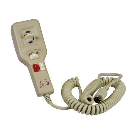 Heat and Massage Hand Control with Quick Release for Infinite Position Pride Lift Chairs (ELEASMB4085) featuring a grey remote with coiled cord and plug, designed for adjusting chair positions and settings.