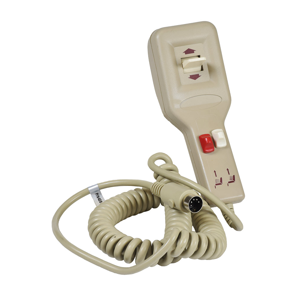 Heat and Massage Hand Control with Quick Release for Pride Lift Chairs (ELEASMB4084) shown in close-up, highlighting its coiled cord, 5-pin connector, and control buttons for adjusting chair positions and settings.