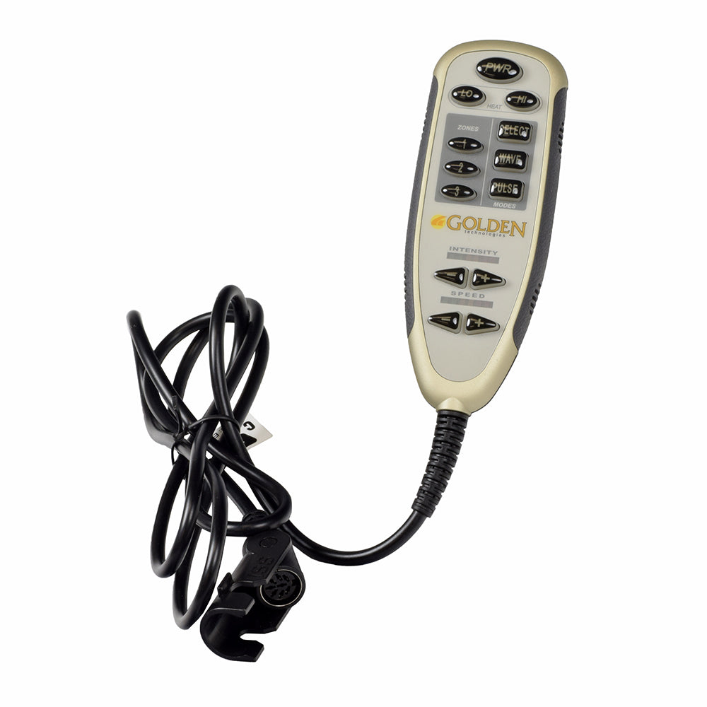 Deluxe Heat & Massage Accessory Hand Control for Golden Technologies Lift Chairs (HV3001), featuring a cord and buttons for different massage zones and settings, shown in a close-up.