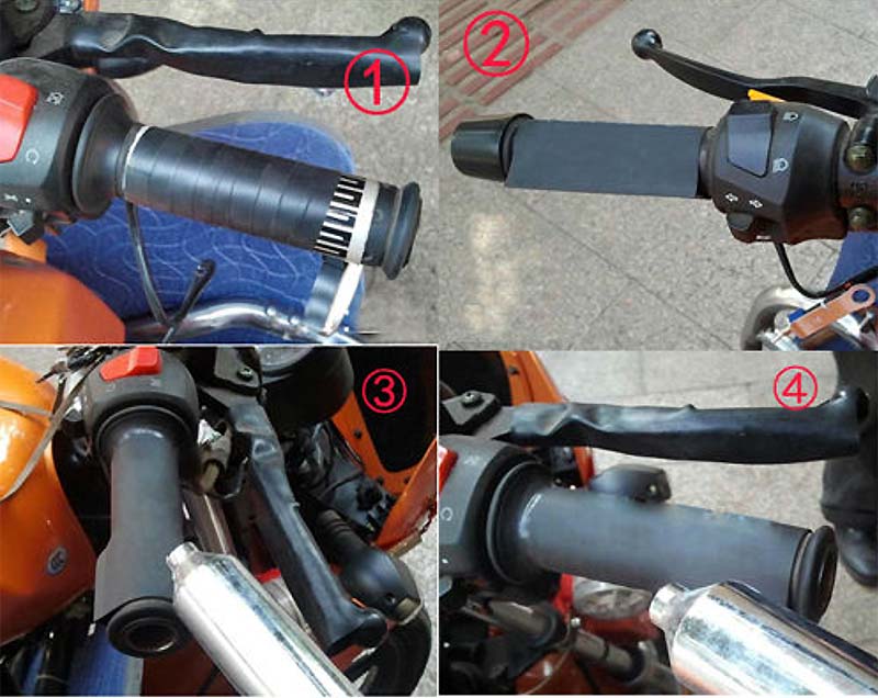 12 Volt Heated Grip Pad Kit for Snowmobiles, showing close-ups of handlebar grips and exhaust pipe components, designed to keep hands warm during winter rides.