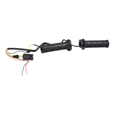 12 Volt Heated Scooter, ATV, & Dirt Bike Grips with thumb throttles, featuring black handlebars with visible wires and a close-up of a switch for easy installation on 7/8 diameter handlebars.