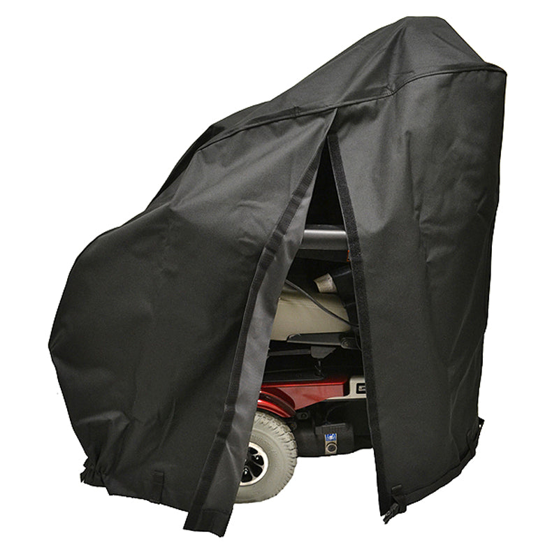 Heavy Duty Weatherproof Cover with Access Slits for Power Chairs, shown covering a wheelchair. The cover is durable, fits snugly, and features slits for easy lift access.