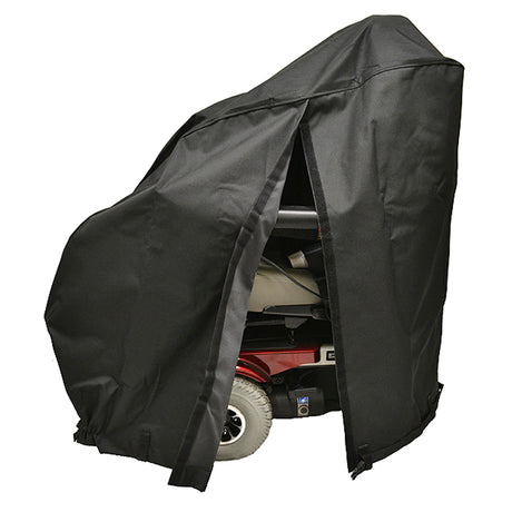 Heavy Duty Weatherproof Cover with Access Slits for Power Chairs, shown covering a wheelchair. The cover is durable, fits snugly, and features slits for easy lift access.