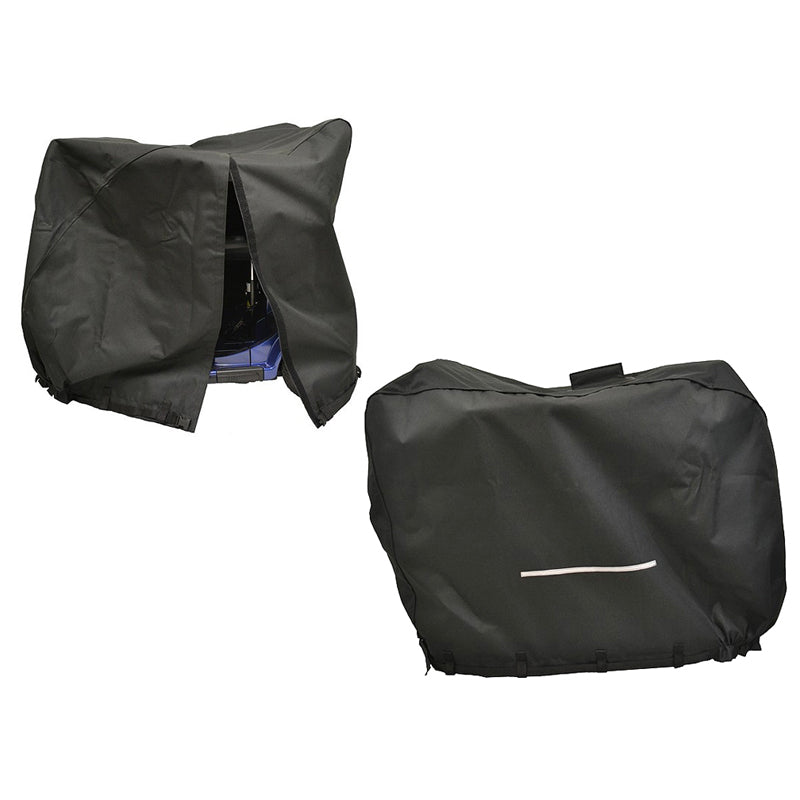 Heavy Duty Weatherproof Cover with Access Slits for Mobility Scooters; shown is a black cover with a white stripe, designed for easy lifting and protection against elements.