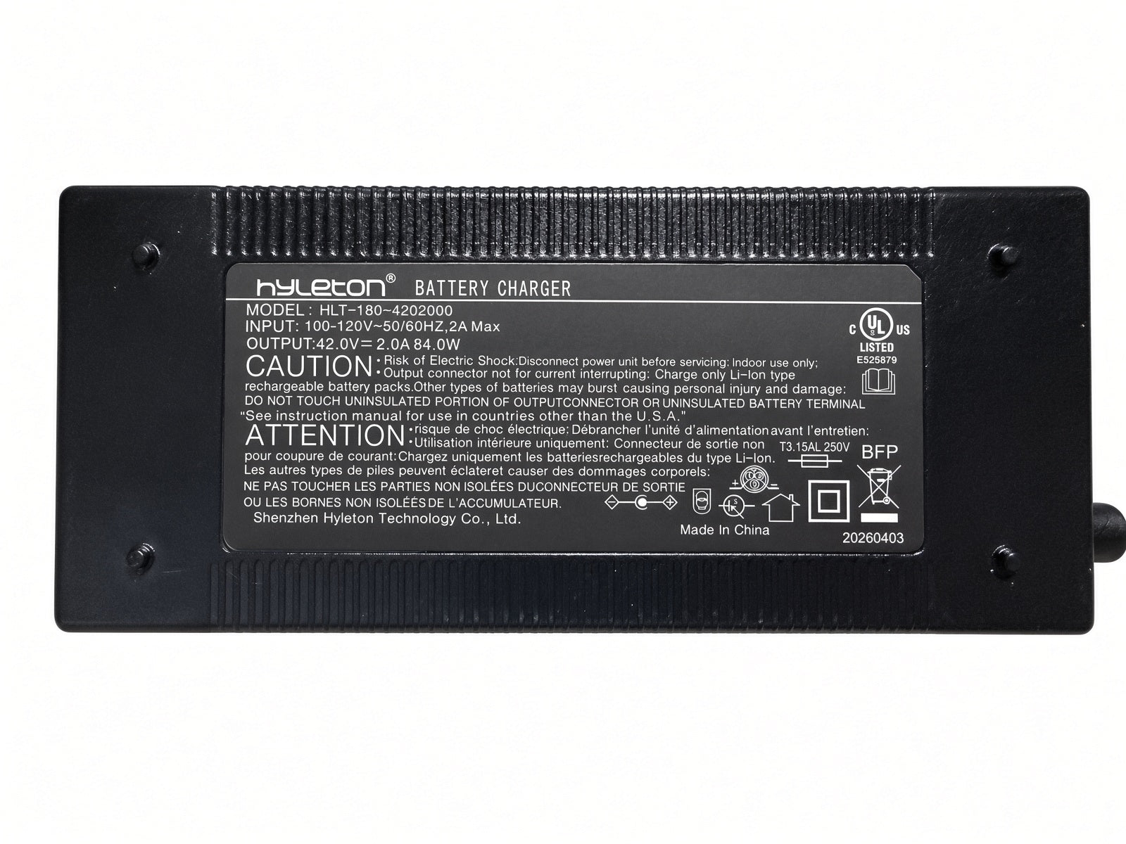 HeyBike Cityscape charger label, model HLT-180-4202000, input 100-120V 2A, output 42.0V 2.0A 84W, UL listed