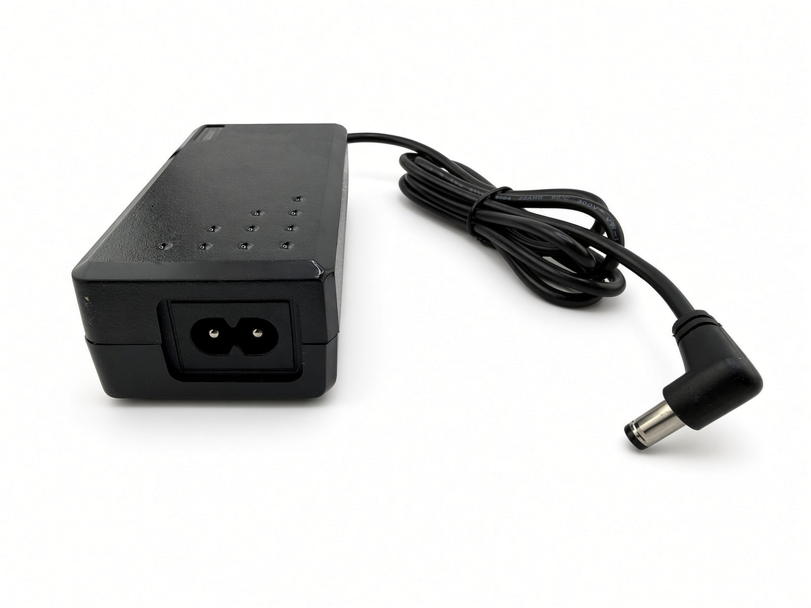 Hiboy DK1 charger showing the 2-pin AC power cord socket and right-angle coaxial DC barrel plug