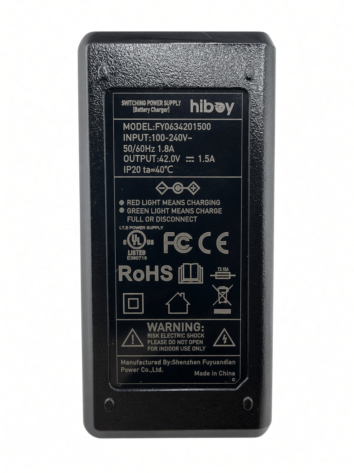 Label on Hiboy DK1 charger: model FY0634201500, input 100-240V, output 42.0V 1.5A, red light charging, green light full