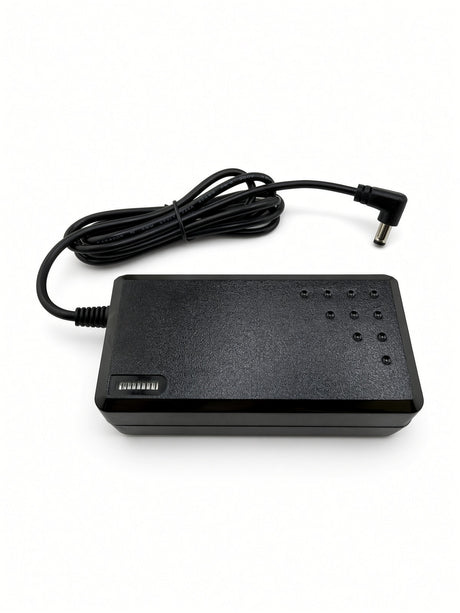 Top view of Hiboy DK1 battery charger with right-angle coaxial DC barrel plug cable