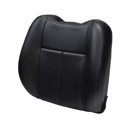 Hi-Back Deluxe Contour Vinyl Seat Back for Pride Scooters and Jazzy Power Chairs, featuring a black leather cushion, designed for comfort and compatibility with various models.