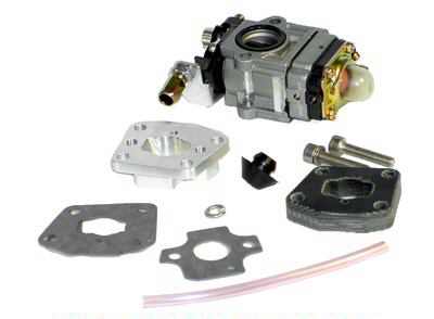 High Performance 15 mm Carburetor Kit by Tanaka - 35cc, featuring a detailed close-up of the mechanical parts, including manifold and gaskets, designed for BladeZ scooters and compatible models.