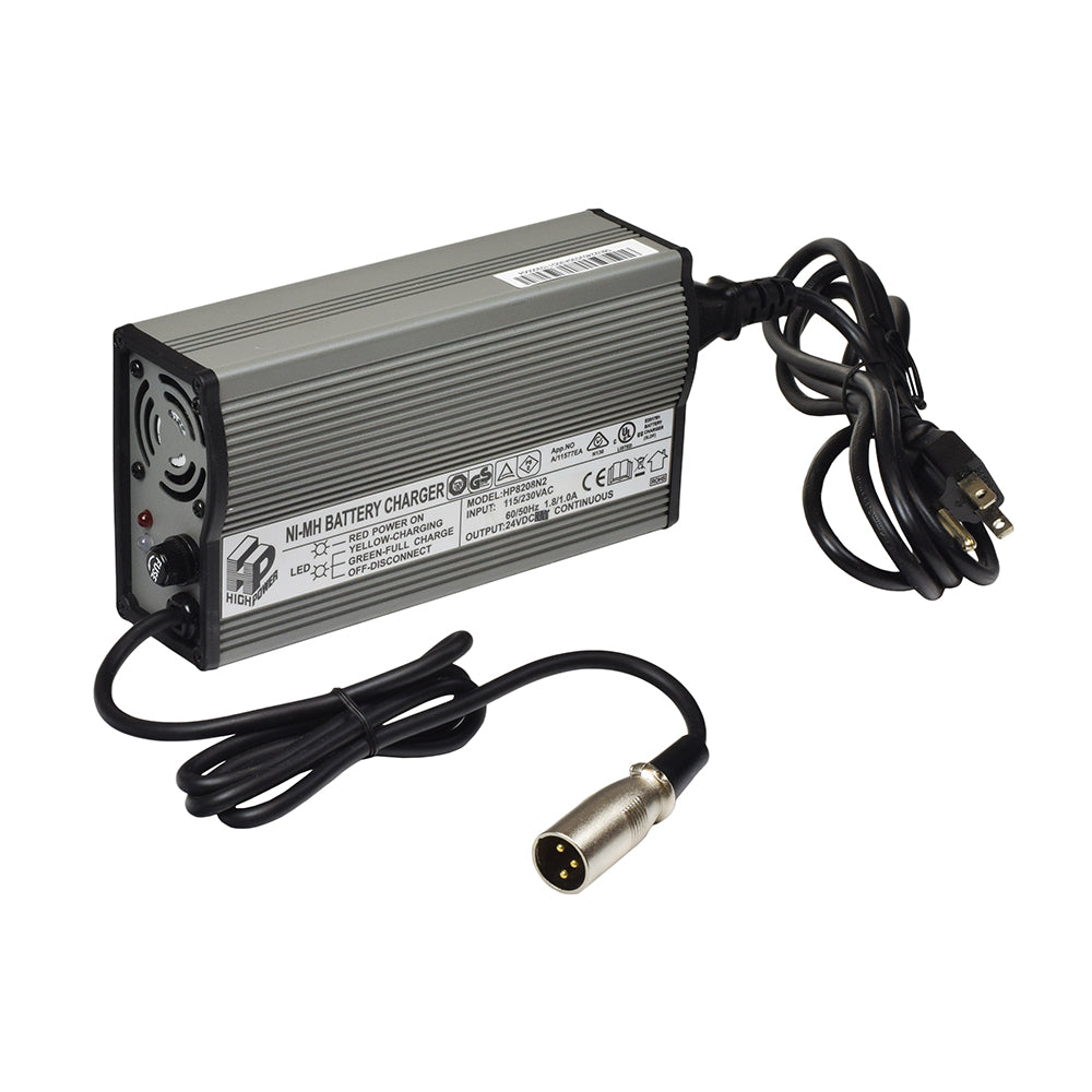 24 Volt 3.0 Amp XLR HP8208N2 Ni-MH Electric Bike Battery Charger features a grey body with black wires and connectors, suitable for Currie Technologies, Mongoose, and IZIP electric bikes and mobility scooters.