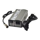 24 Volt 3.0 Amp XLR HP8208N2 Ni-MH Electric Bike Battery Charger, featuring a grey power supply with black cords, close-up of connectors, and LED indicators for charging status.