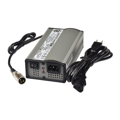 24 Volt 3.0 Amp XLR HP8208N2 Ni-MH Electric Bike Battery Charger, featuring a grey power supply with black cords, close-up of connectors, and LED indicators for charging status.