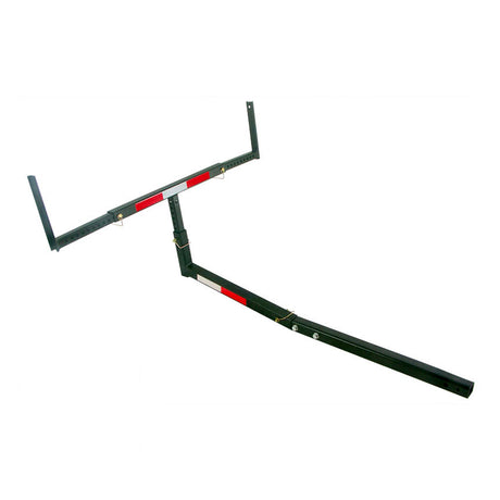 Hitch Mounted Bed Extender, a black metal object with red and white stripes, designed for hauling long items with up to 52 support and 350 lbs capacity.