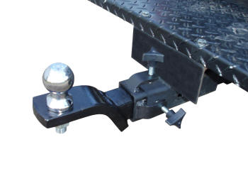 Close-up of the Hitch Stabilizer for Scooter & Power Chair Carriers, showing its robust metal construction and screw mechanism designed to eliminate slack in 2” hitch receivers.