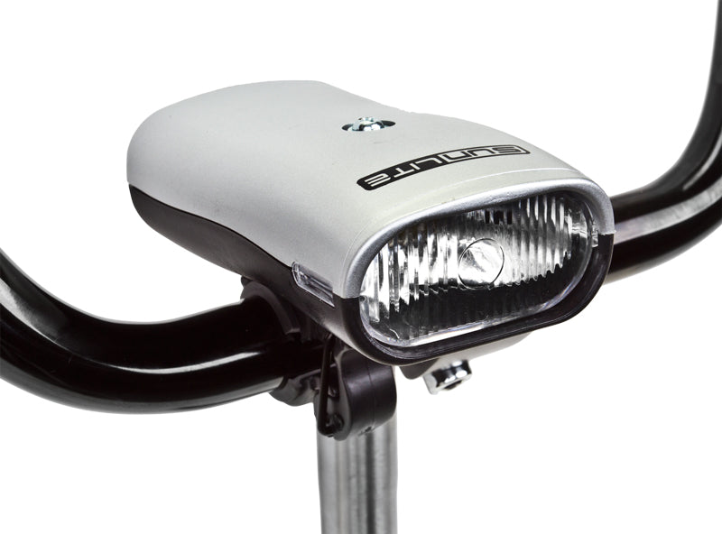 Close-up of the HL-K100 Krypton Headlight, showcasing its robust design and metal build, ideal for bicycles and scooters.