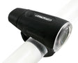 HL-L111 Pro Grip USB Headlight on a bike, close-up view showing its streamlined design and secure grip attachment to the bicycle's frame.