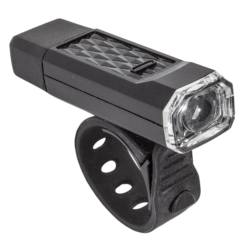 HL-L112 USB Headlight, a compact bike light with a rubber strap and sleek design, perfect for scooters and bicycles.