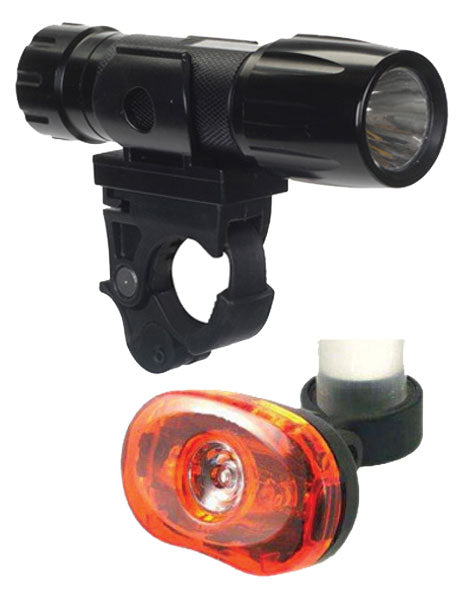 Close-up of the HL-L140/TL-L330 Headlight and Taillight Combo, showcasing the black bike light with a clip designed for enhanced visibility and safety on bicycles or scooters.