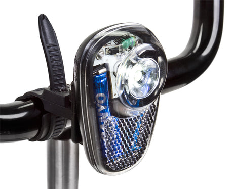 Close-up of the HL-L190 LED Headlight, a metalware accessory for bicycles and scooters, highlighting its sleek design and practical functionality.