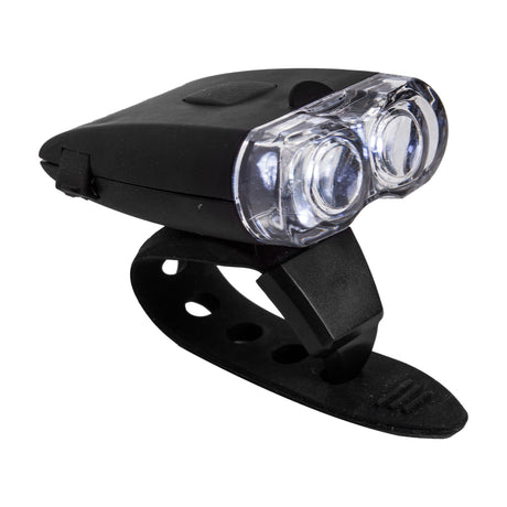 HL-L205 USB Headlight, a black bike light with a clip and rubber band, ideal for scooters and bicycles, shown in close-up.