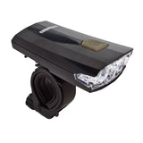 HL-L215 USB Headlight, a sleek black bike accessory with a button, ideal for scooters and bicycles. Close-up shows detailed craftsmanship, enhancing visibility during rides.