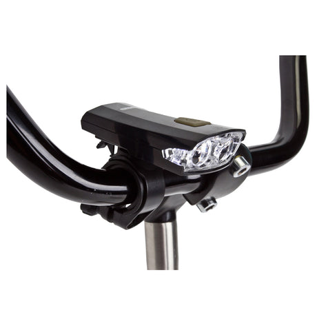 Close-up of the HL-L215 USB Headlight by Sunlite, designed for bikes and scooters, showcasing its sleek metalware and lever mechanism for easy attachment.