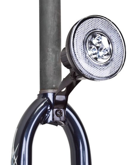 Close-up of the HL-L301 LED Headlight for bicycles or scooters, showcasing its advanced CREE 3 LEDs, solid steady beam, and fork mount bracket for enhanced safety and style.