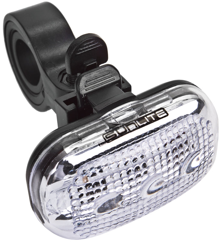 Close-up of the HL-L380 LED Headlight by Sunlite, showcasing its sleek design and bright light, perfect for bicycles and scooters.