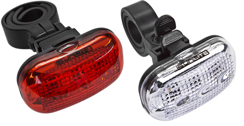 HL-L380/TL-L340 Headlight and Taillight Combo featuring a close-up of a red taillight with a black clip and a front bicycle light, showcasing their compact, efficient design for enhanced safety.