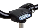 Close-up of the HL-L401 Griplite Headlight mounted on a bicycle handlebar, highlighting its sleek black design and sturdy metal construction.