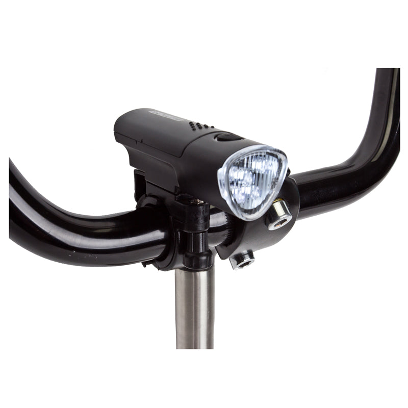 Close-up of the HL-L535 LED Headlight mounted on a bicycle handlebar, featuring a sleek metal design and lever for easy adjustment.